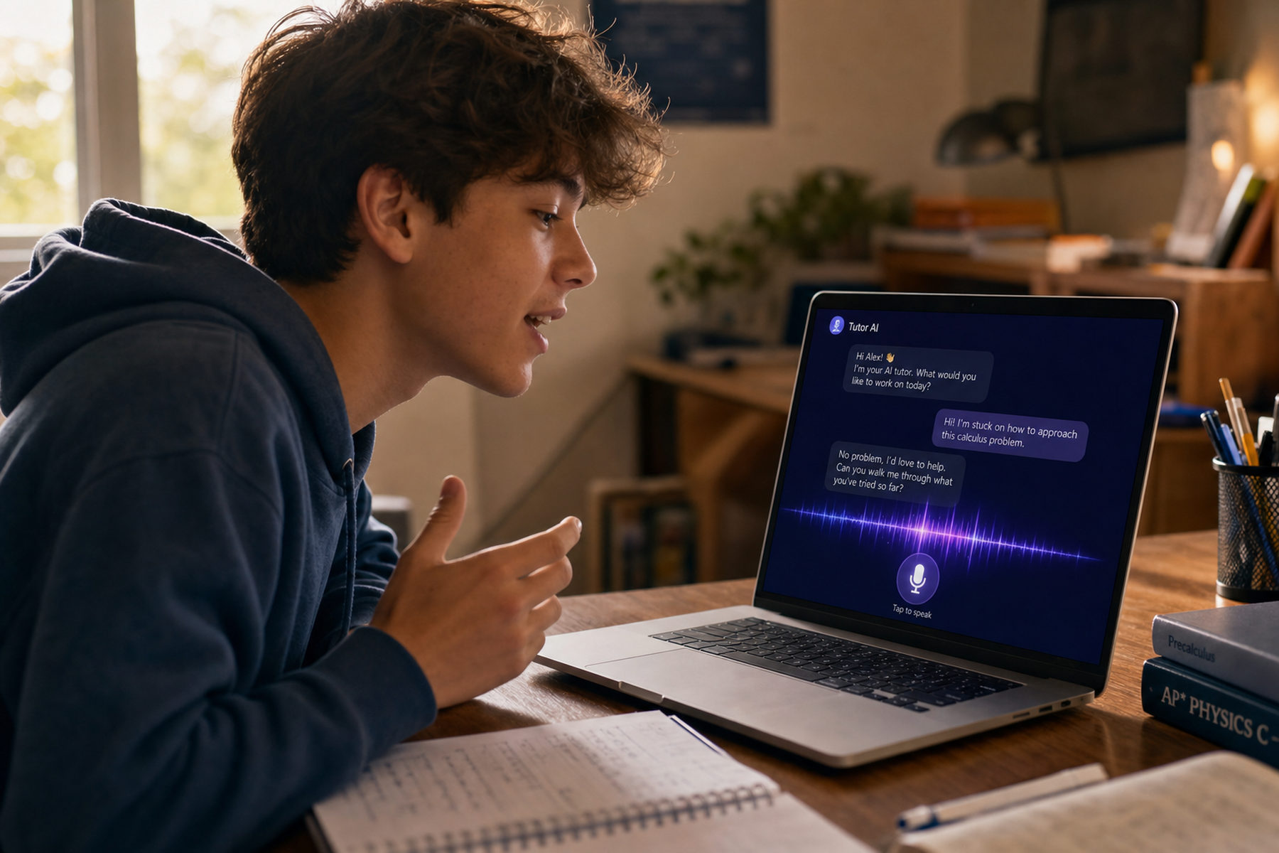 A learner speaking with an AI voice tutor through earbuds.